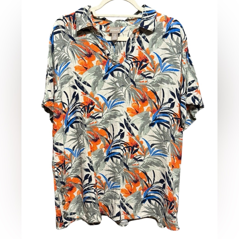 Chico’s Linen Blend Tropical Print Button‎ Down Top Short Sleeve Sz 3X